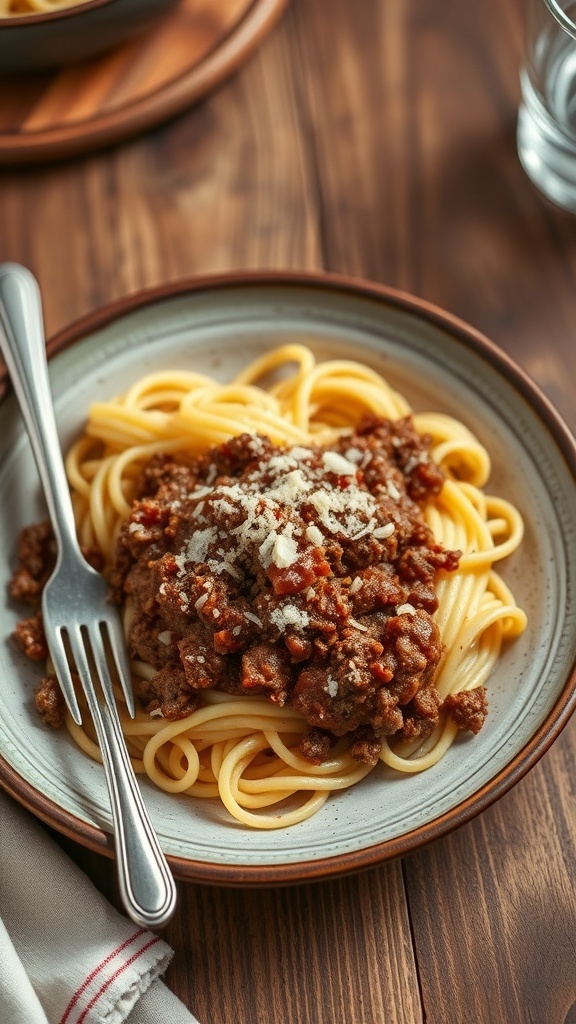 Carnivore noodles with meat sauce and Parmesan cheese on a rustic table.